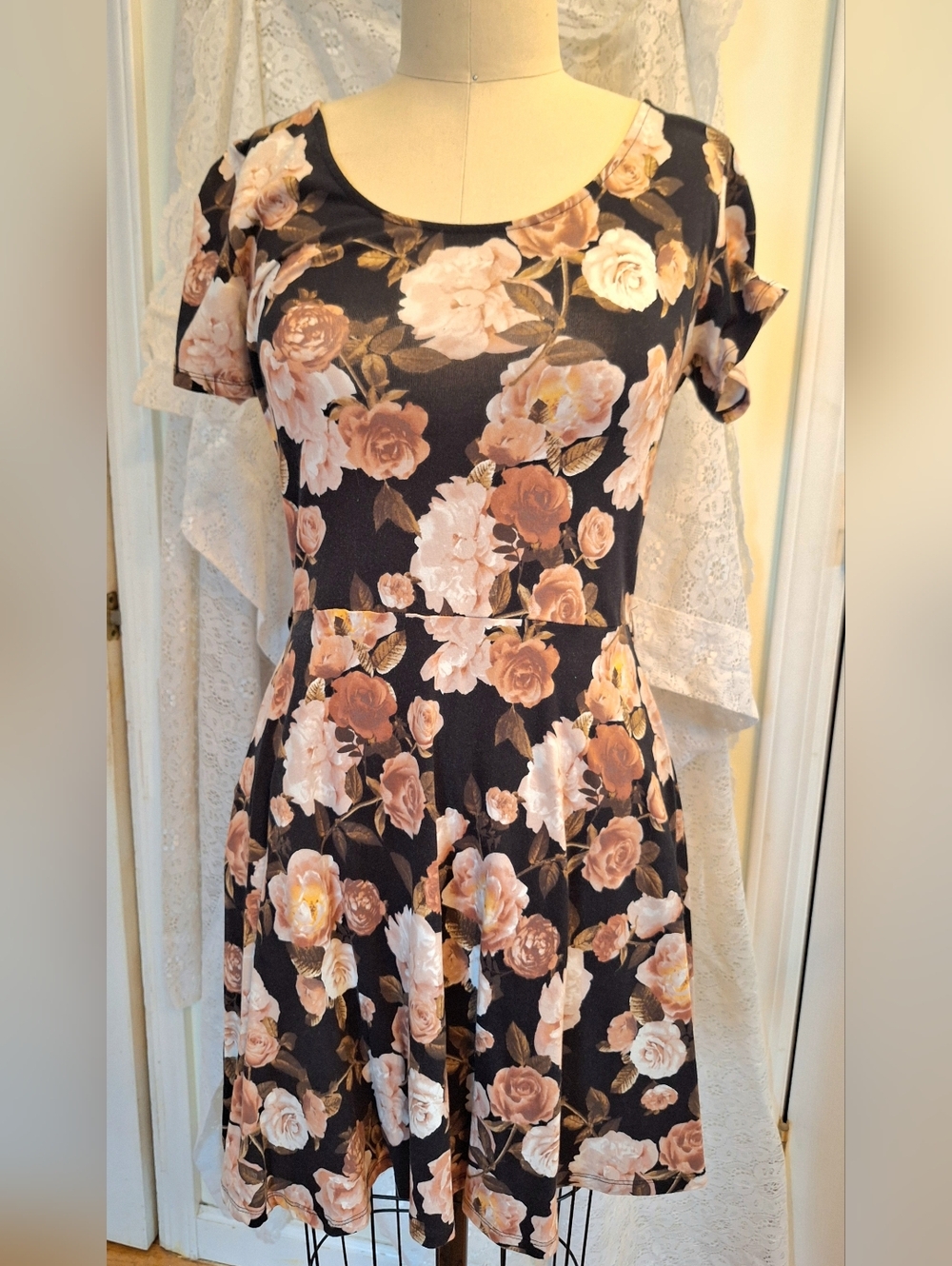 Forever 21 Black Mini Dress with Blush and Tan Floral Print